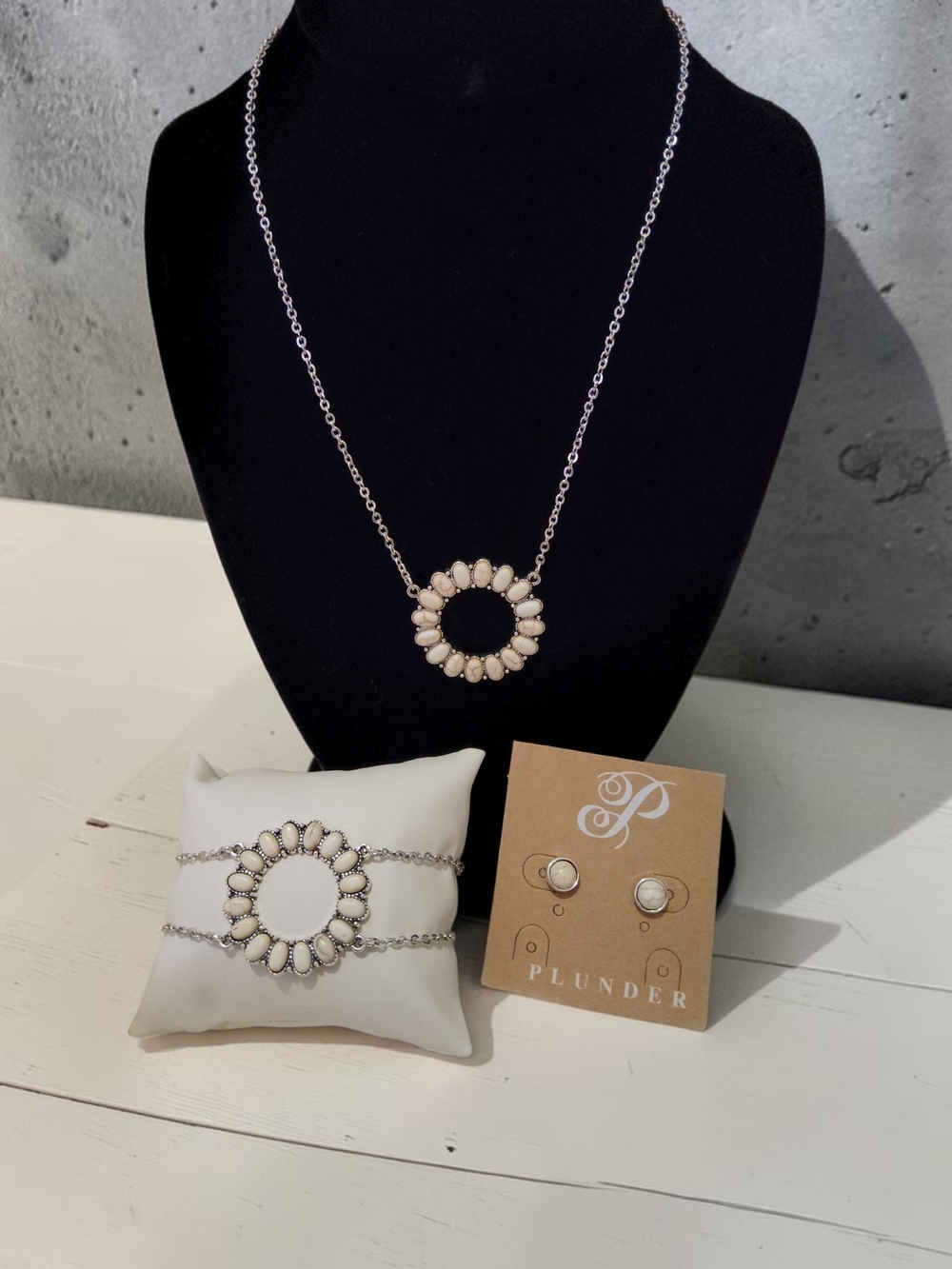 Plunder Silver-Tone Necklace, Bracelet & Earring Set with Cream Stones
